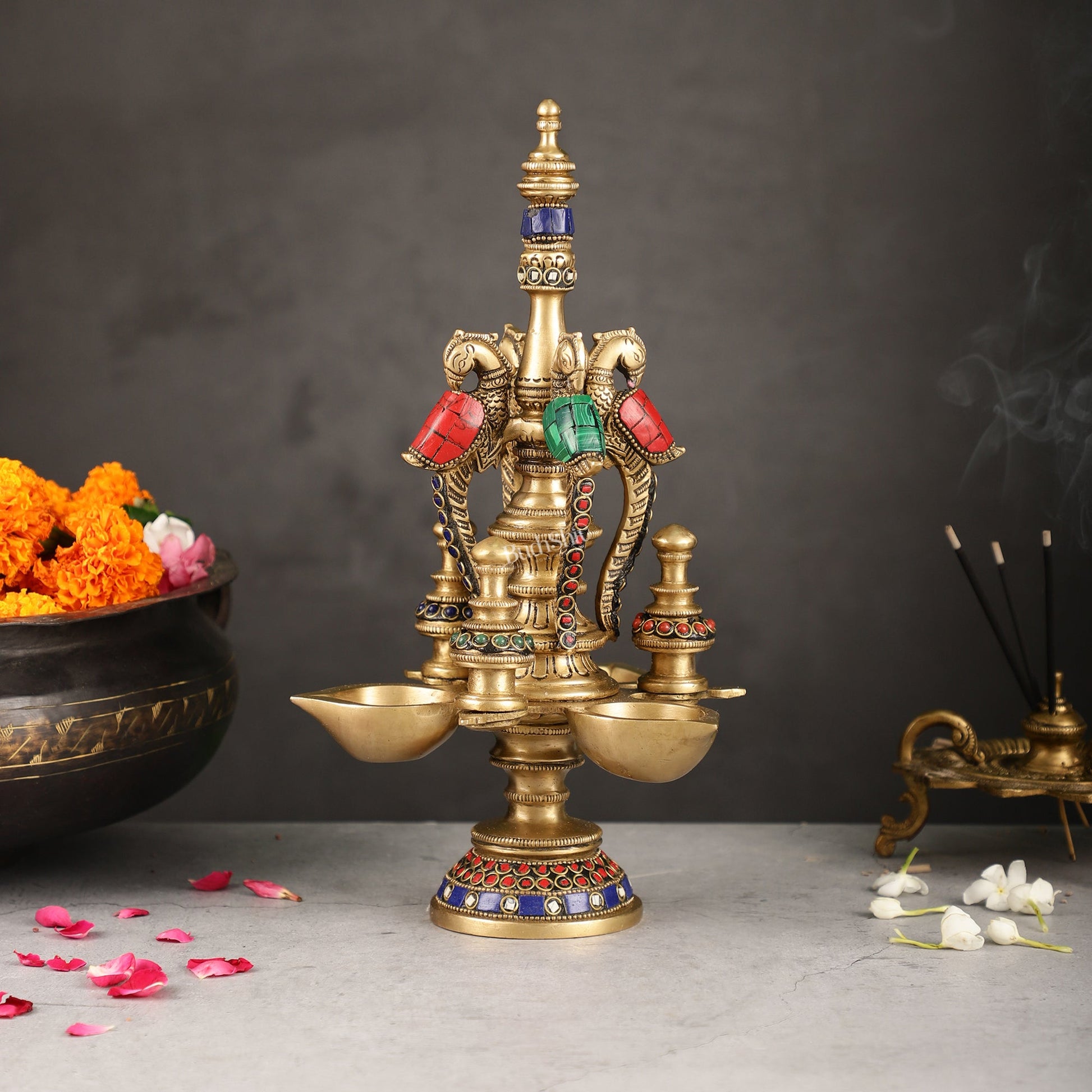 Superfine Brass Peacock Lamp with Stonework - 12in Height - Budhshiv.com