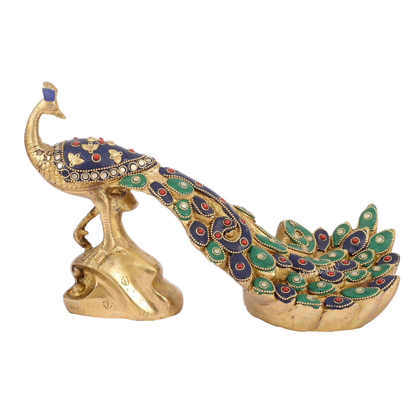 Superfine Brass Peacock Showpiece with Stonework 12 inch - Budhshiv.com