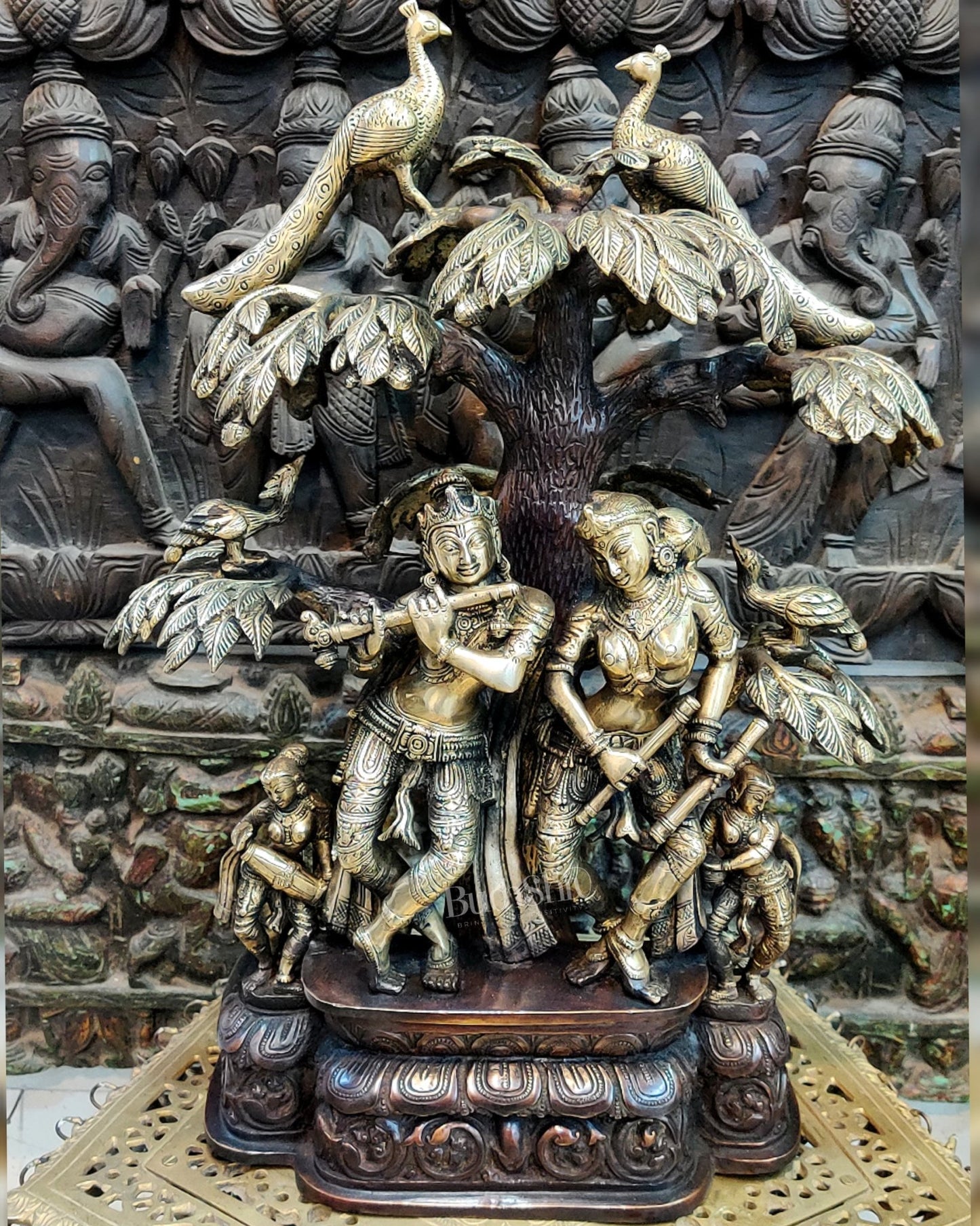 Superfine Brass Radha Krishna Idol under Kalpavriksha 24 inch - Budhshiv.com