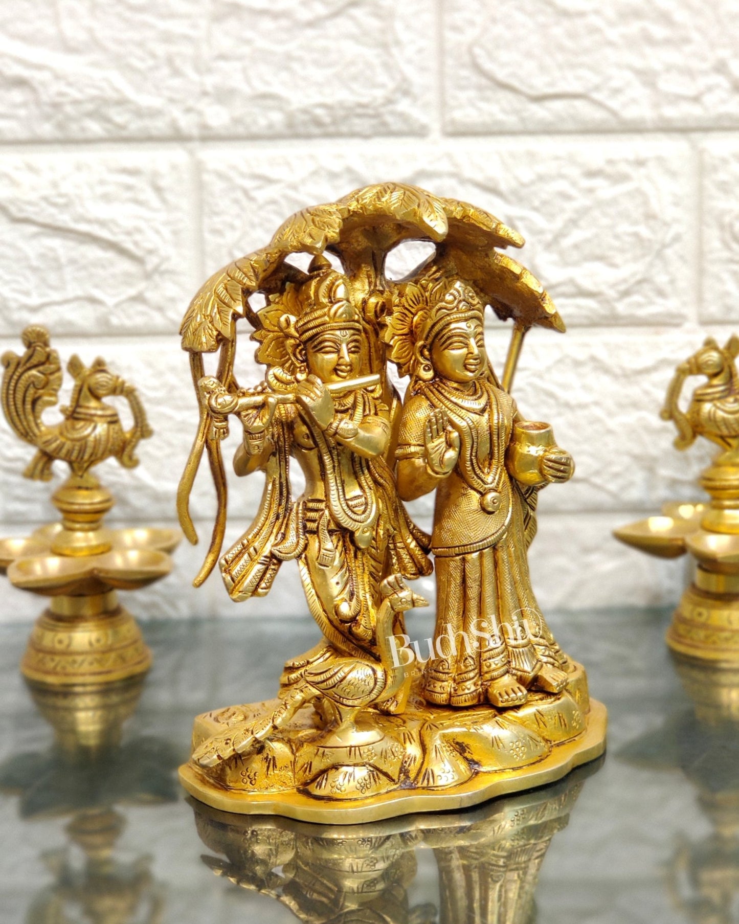 Superfine Brass Radha Krishna Idol - Under Kalpavriksha with Peacock 8 inch - Budhshiv.com