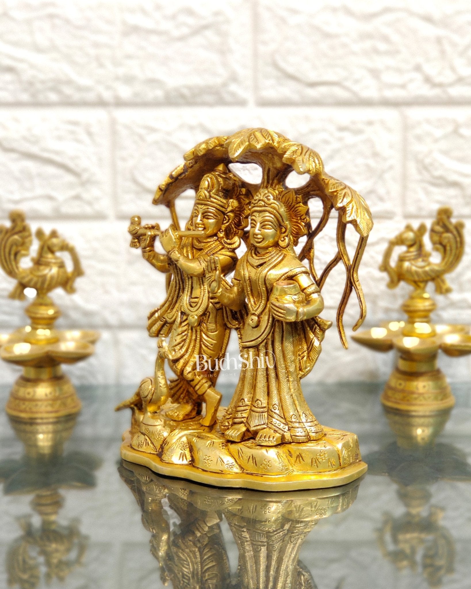 Superfine Brass Radha Krishna Idol - Under Kalpavriksha with Peacock 8 inch - Budhshiv.com