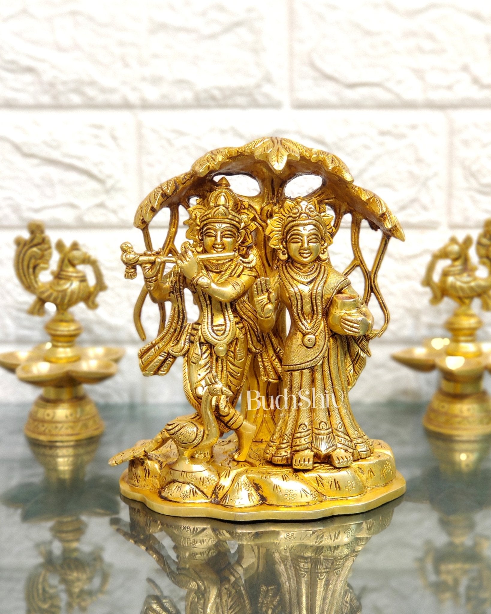 Superfine Brass Radha Krishna Idol - Under Kalpavriksha with Peacock 8 inch - Budhshiv.com