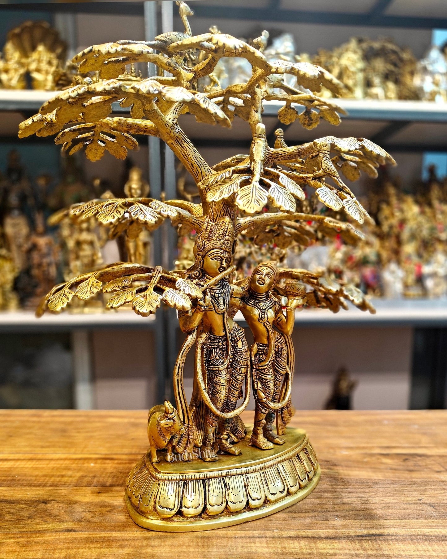 Superfine Brass Radha Krishna Statue with Cow under Tree 20 inch - Budhshiv.com