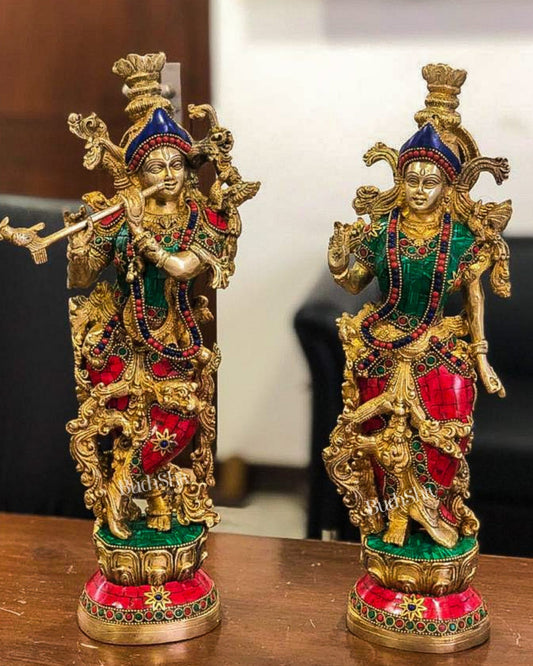 Superfine Brass Radha Krishna Statues | 14" Height | Handcrafted - Budhshiv.com