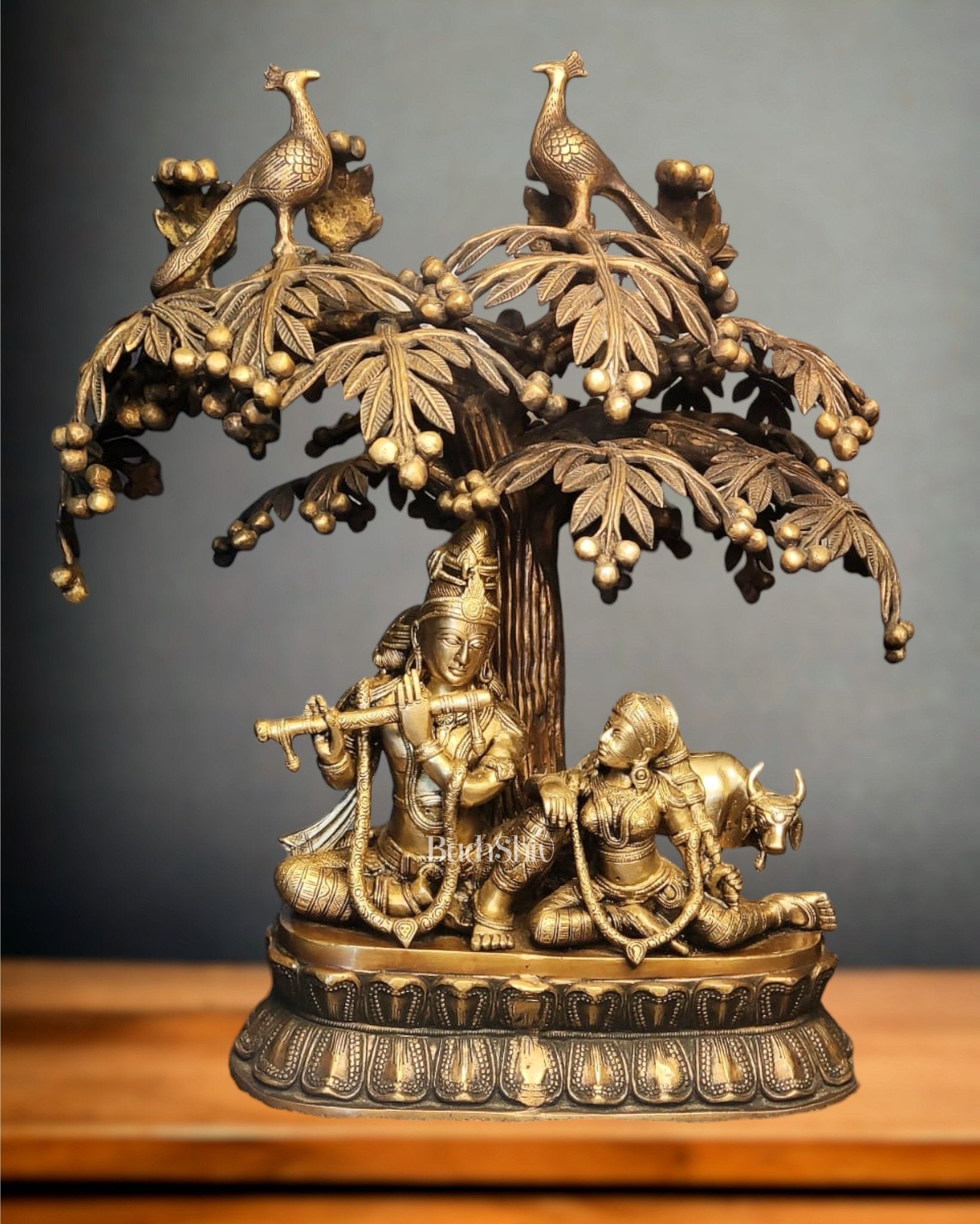 Superfine Brass Radha Krishna with Cow and Tree - 24 inch - Budhshiv.com