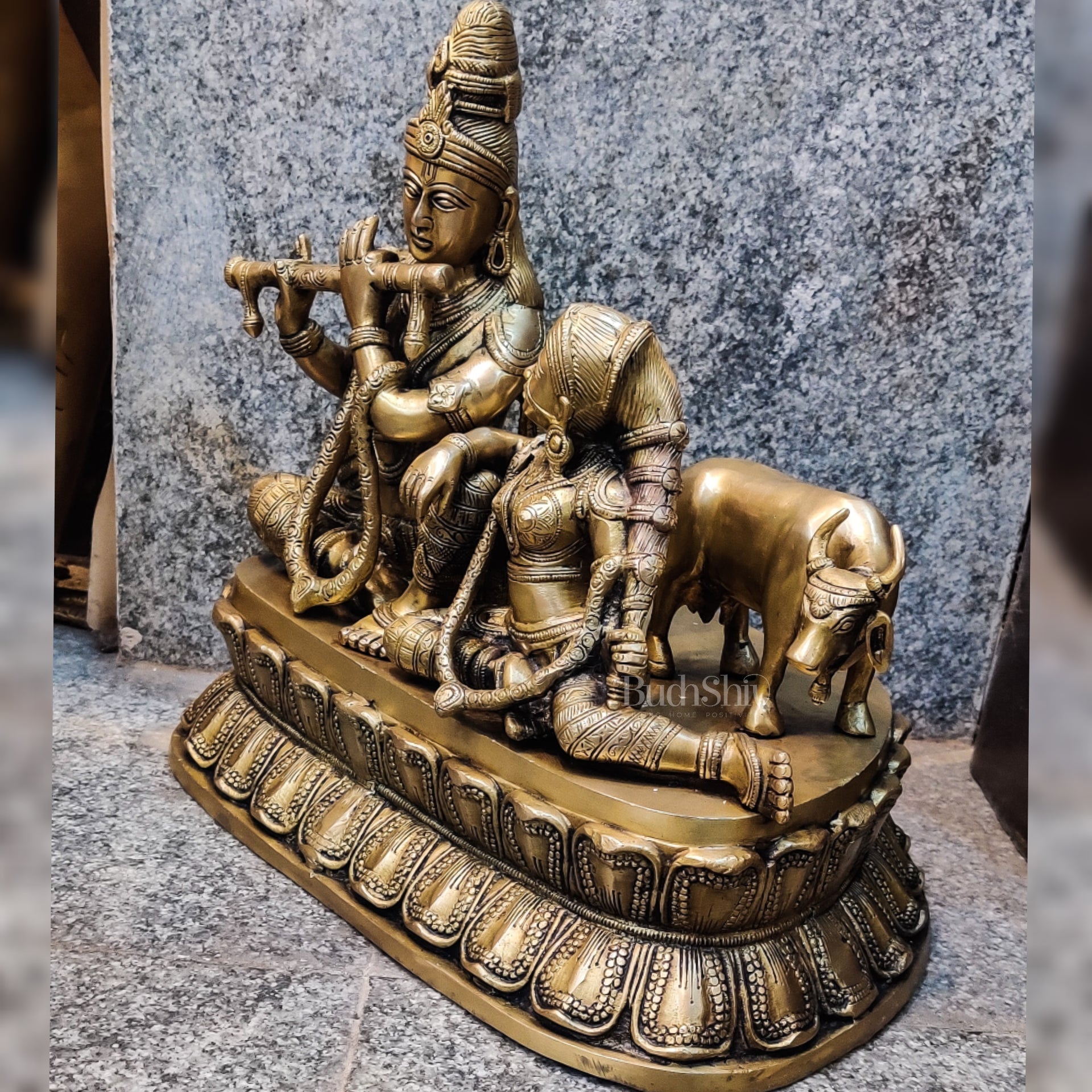 Superfine Brass Radha Krishna with Cow | Height 14 Inch - Budhshiv.com