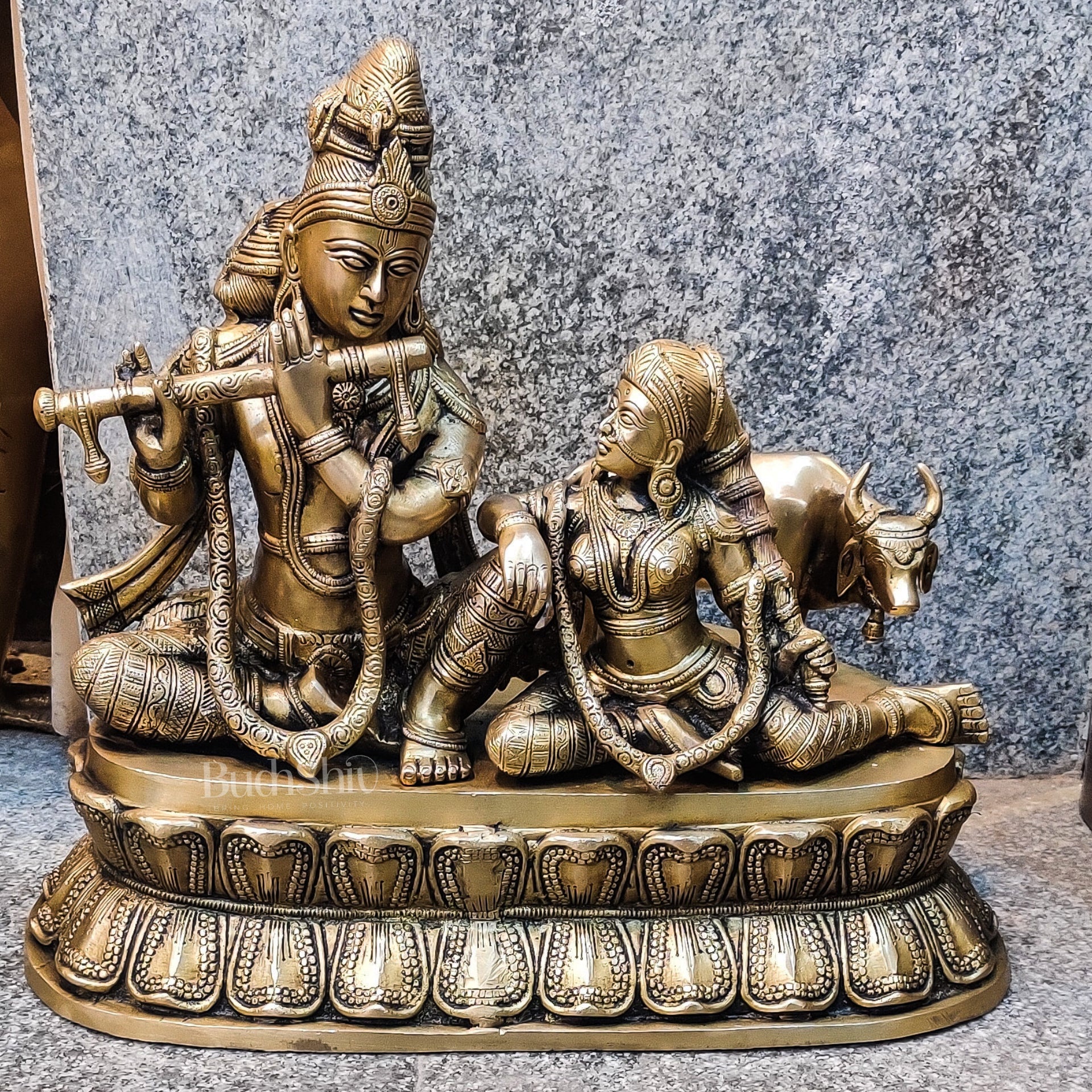 Superfine Brass Radha Krishna with Cow | Height 14 Inch - Budhshiv.com