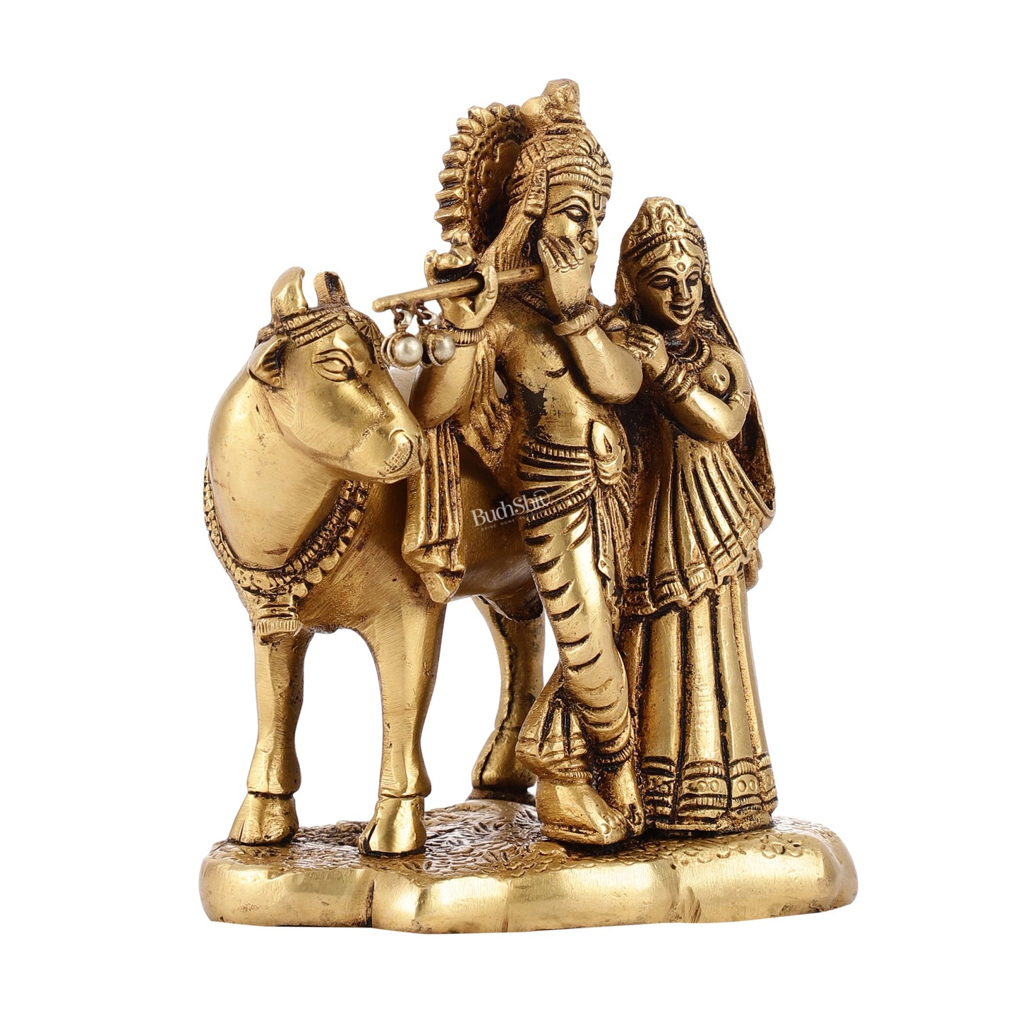 Superfine Brass Radha Krishna with Cow Idol Murti | Height 5.5 inch - Budhshiv.com