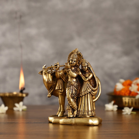 Superfine Brass Radha Krishna with Cow Idol Murti | Height 5.5 inch - Budhshiv.com