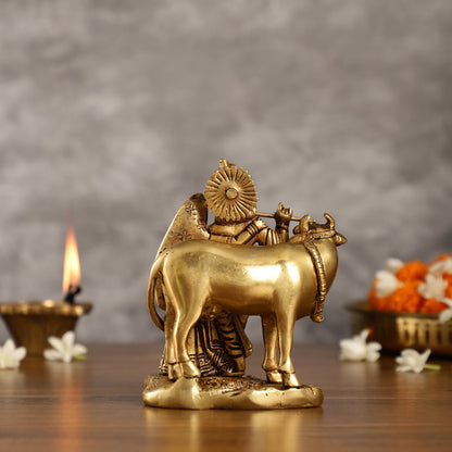 Superfine Brass Radha Krishna with Cow Idol Murti | Height 5.5 inch - Budhshiv.com