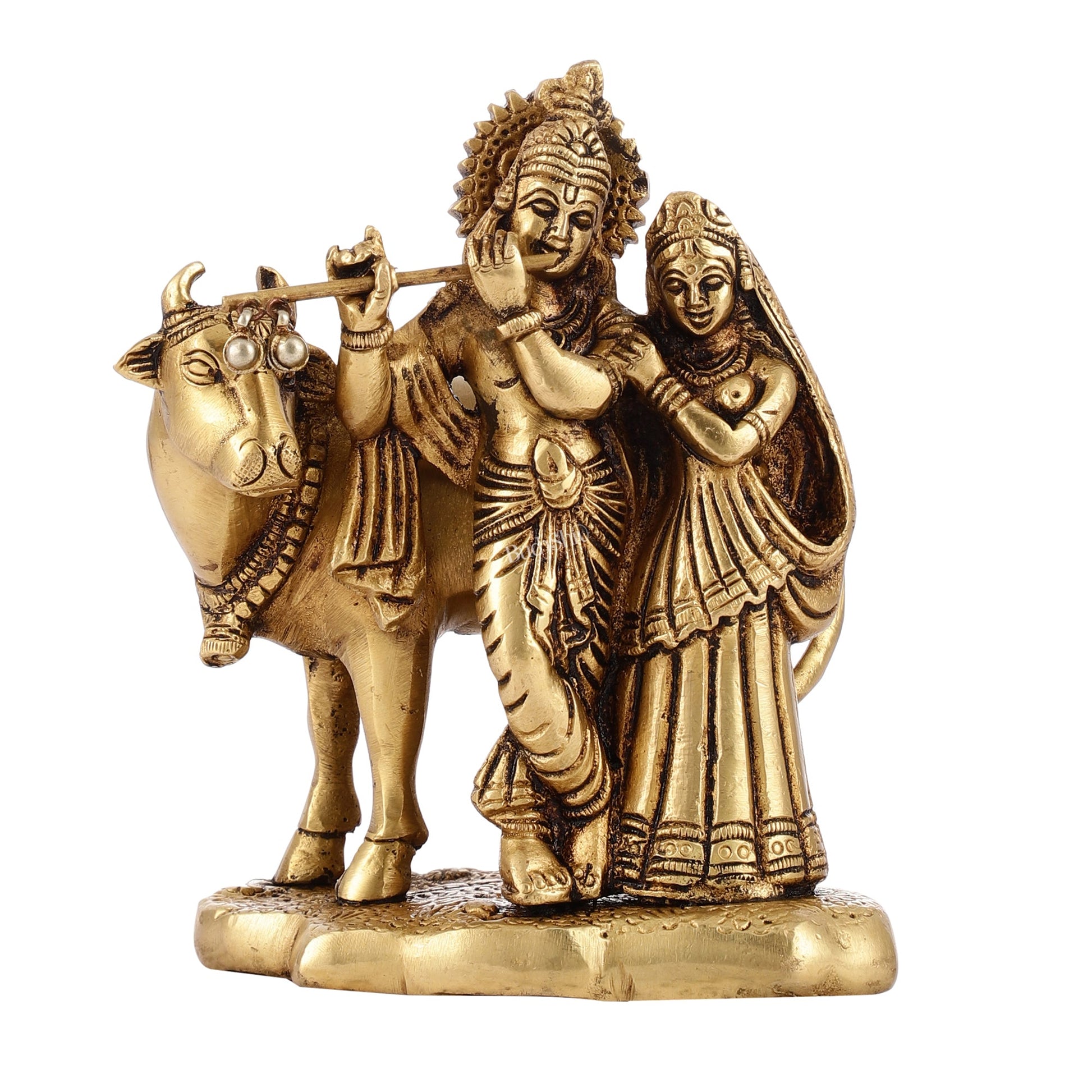 Superfine Brass Radha Krishna with Cow Idol Murti | Height 5.5 inch - Budhshiv.com