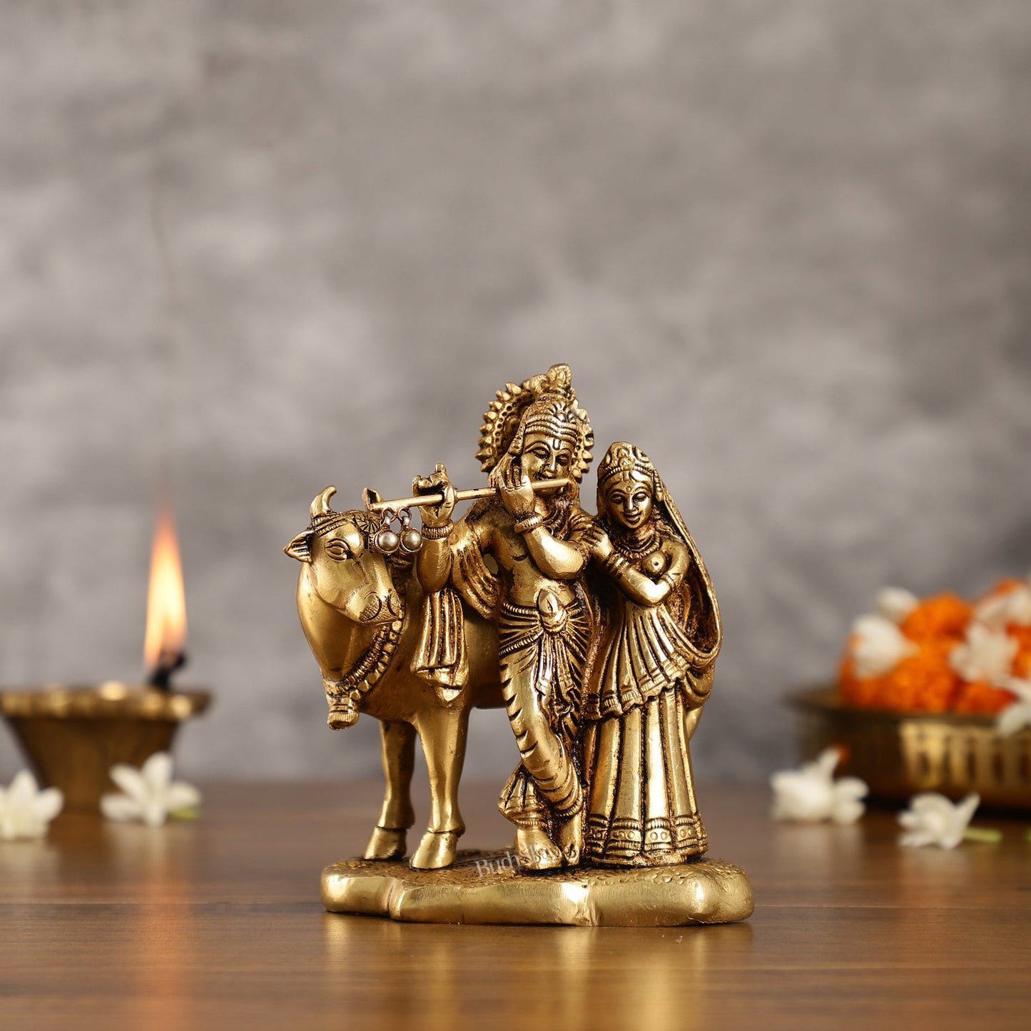 Superfine Brass Radha Krishna with Cow Idol Murti | Height 5.5 inch - Budhshiv.com