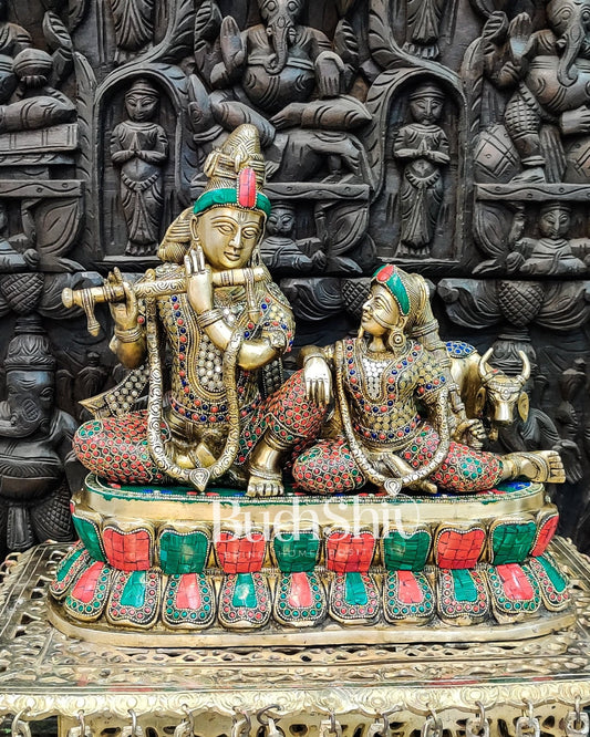 Superfine Brass Radha Krishna with Cow Spectacular Stonework 14 inch - Budhshiv.com