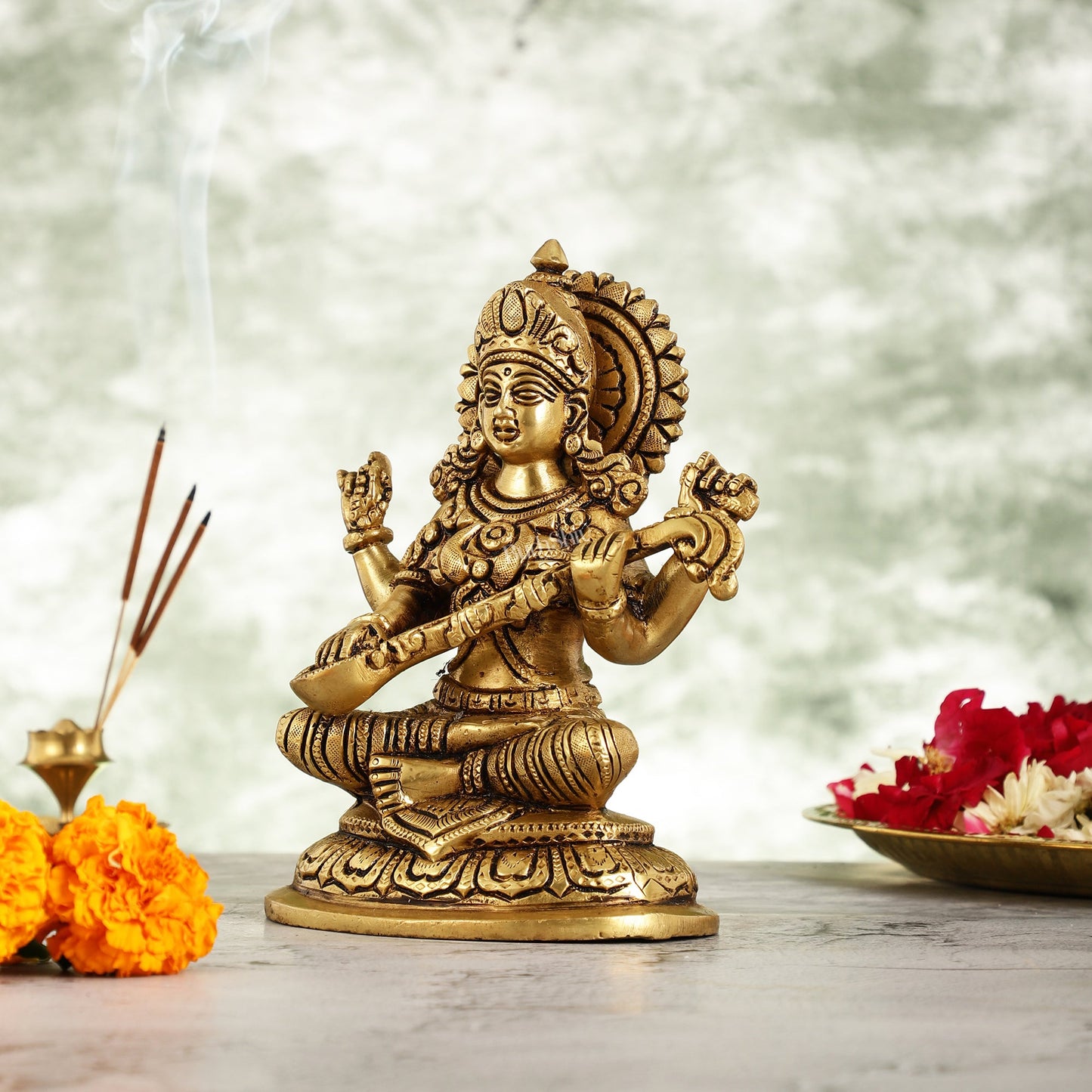 Superfine Brass Saraswati Idol - 7.5 Inch - Budhshiv.com
