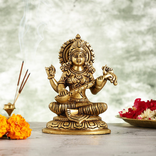 Superfine Brass Saraswati Idol - 7.5 Inch - Budhshiv.com