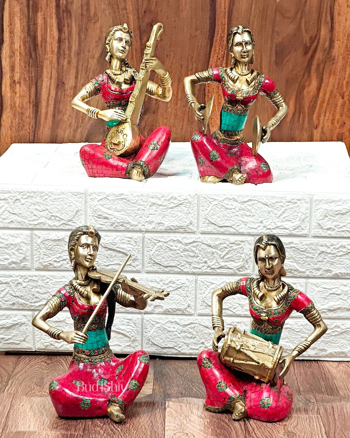 Superfine Brass Set of 4 Tribal Lady Musicians - 11 Inch - Budhshiv.com