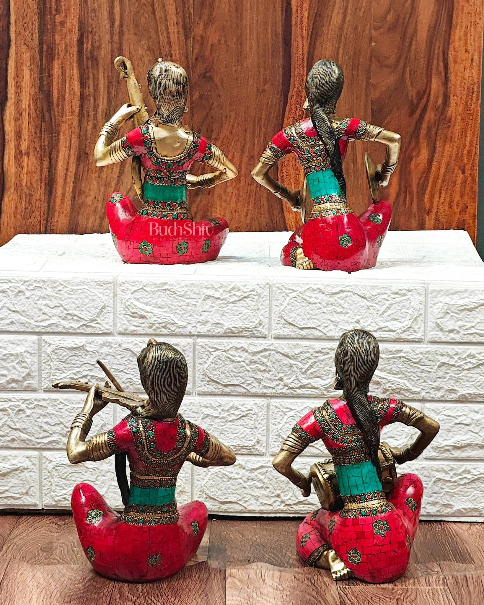Superfine Brass Set of 4 Tribal Lady Musicians - 11 Inch - Budhshiv.com