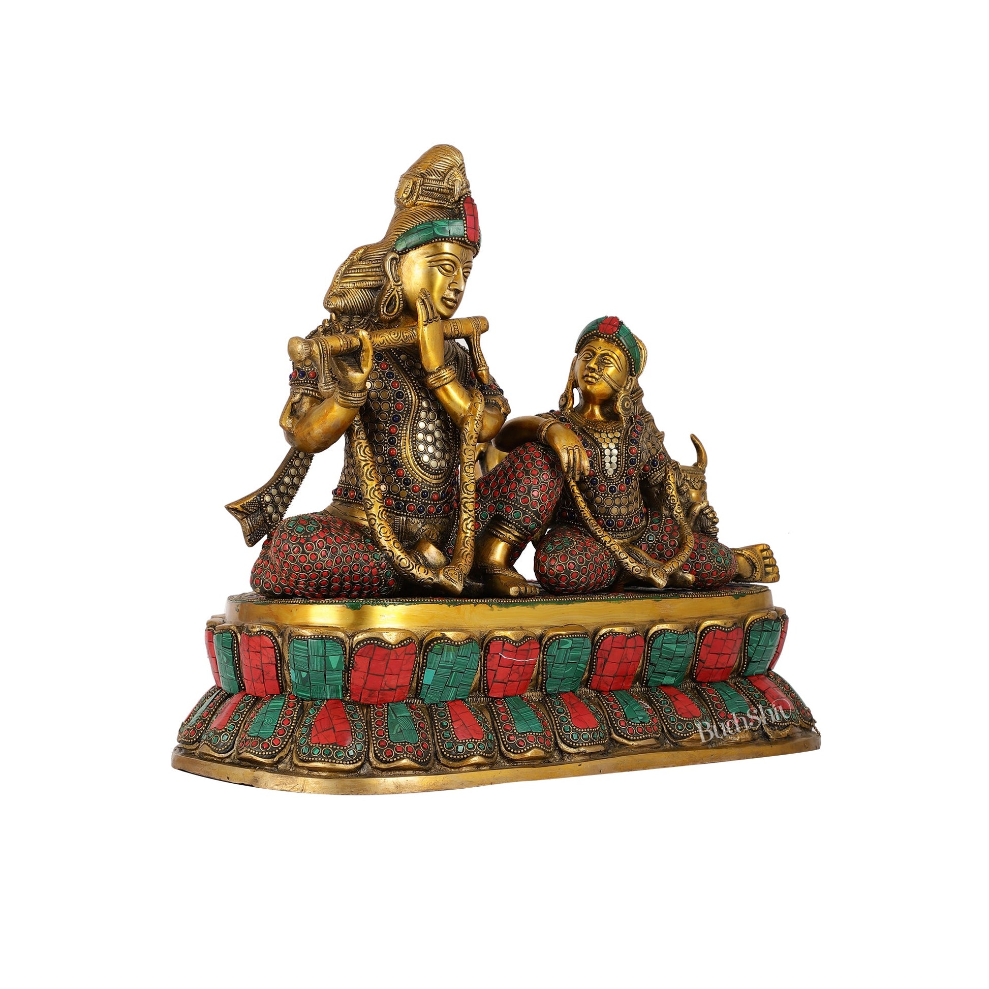 Superfine Brass sitting Radha Krishna with Cow 14 inch - Budhshiv.com