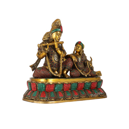 Superfine Brass sitting Radha Krishna with Cow 14 inch - Budhshiv.com