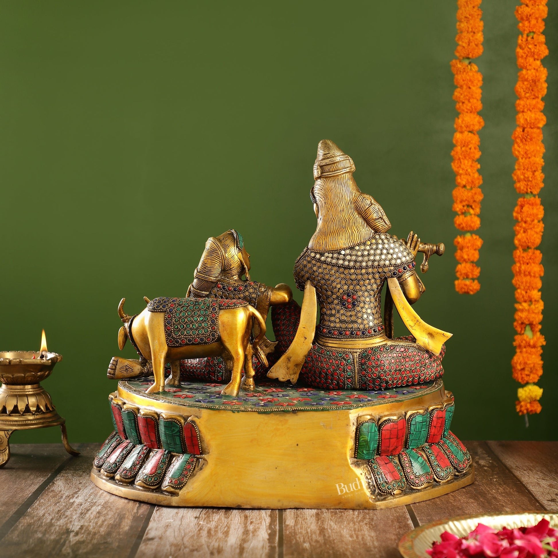 Superfine Brass sitting Radha Krishna with Cow 14 inch - Budhshiv.com