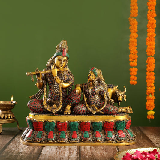 Superfine Brass sitting Radha Krishna with Cow 14 inch - Budhshiv.com