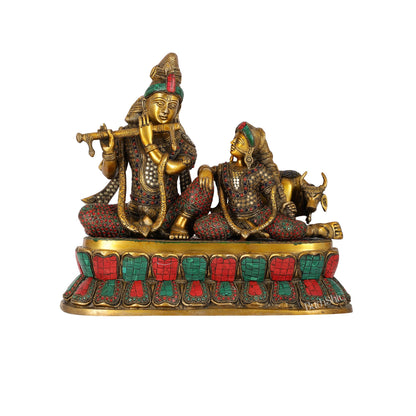 Superfine Brass sitting Radha Krishna with Cow 14 inch - Budhshiv.com