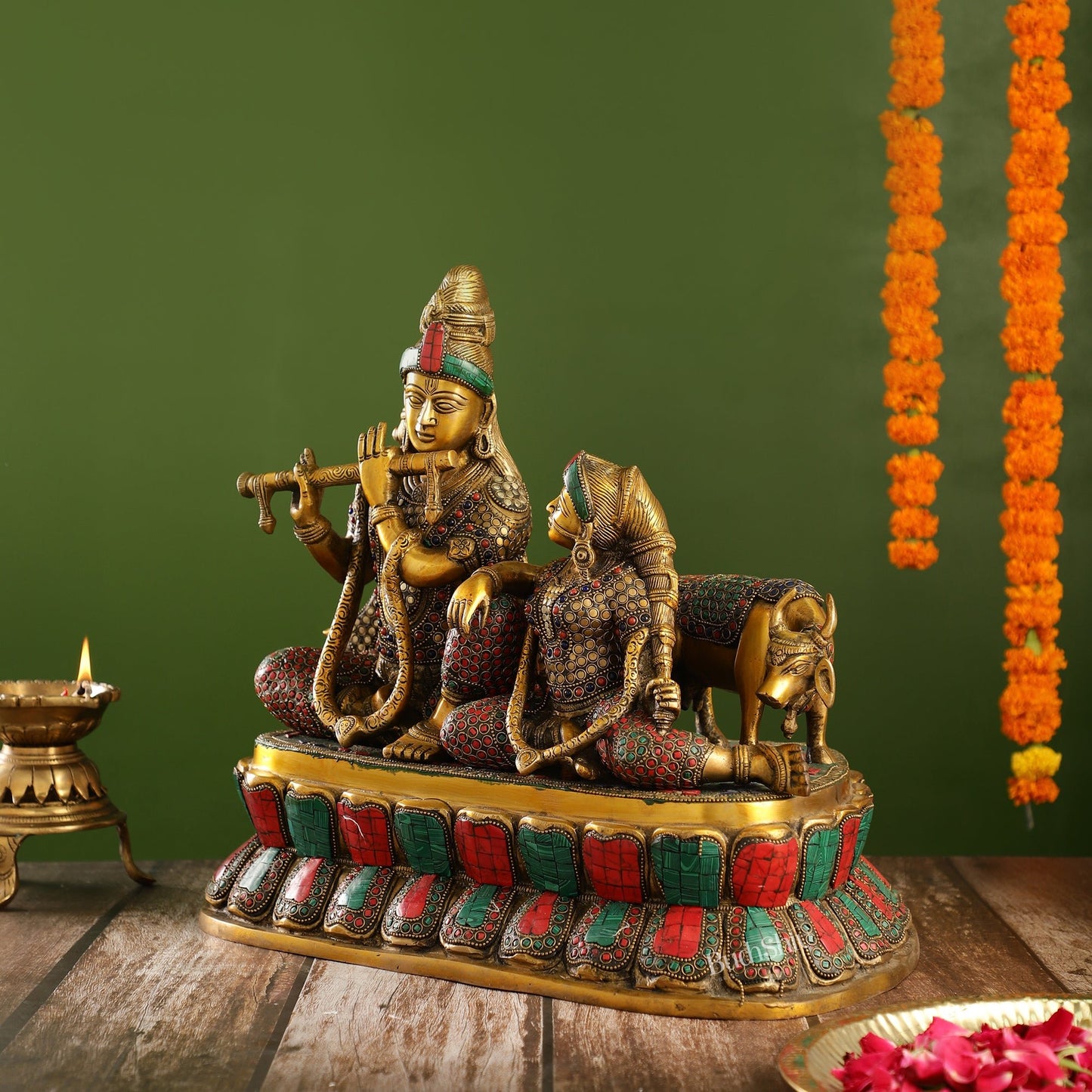 Superfine Brass sitting Radha Krishna with Cow 14 inch - Budhshiv.com