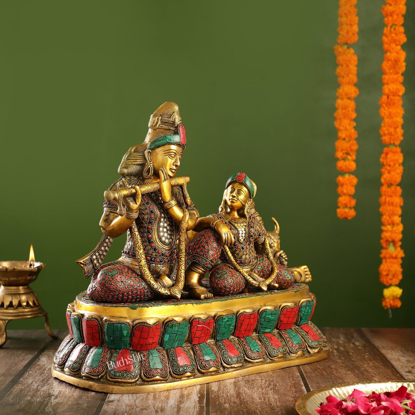 Superfine Brass sitting Radha Krishna with Cow 14 inch - Budhshiv.com