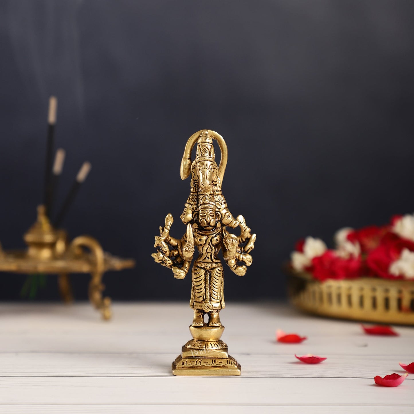 Superfine Brass Small Standing Panchmukhi Hanuman Idol | Height 4.5 inch - Budhshiv.com