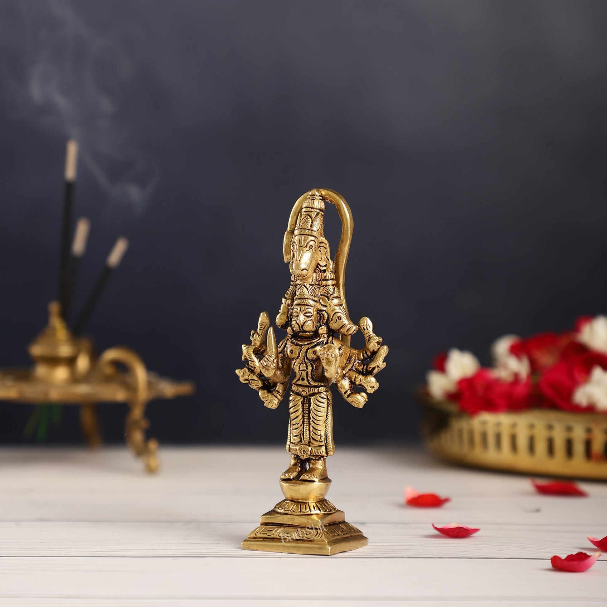 Superfine Brass Small Standing Panchmukhi Hanuman Idol | Height 4.5 inch - Budhshiv.com