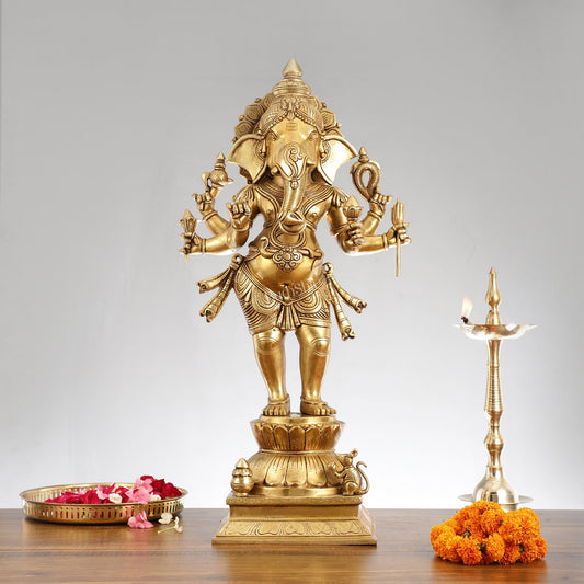 Superfine Brass Standing Ganesha Statue - 6 Arms, Shankh on Trunk - 26" Tall - Budhshiv.com