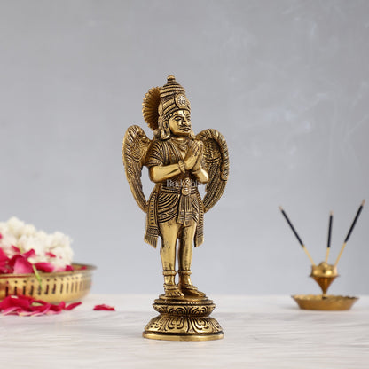 Superfine Brass Standing Garuda Idol in Namaskar Mudra 8 inch - Budhshiv.com