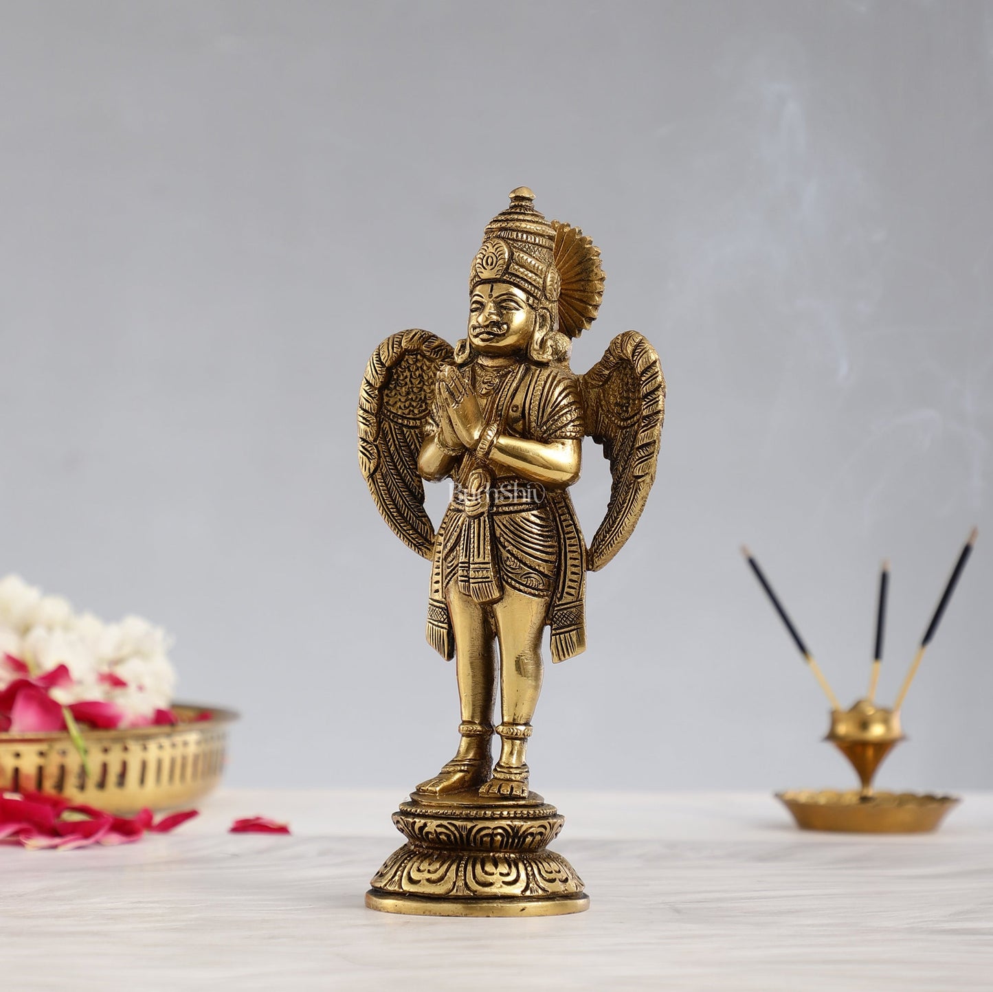 Superfine Brass Standing Garuda Idol in Namaskar Mudra 8 inch - Budhshiv.com