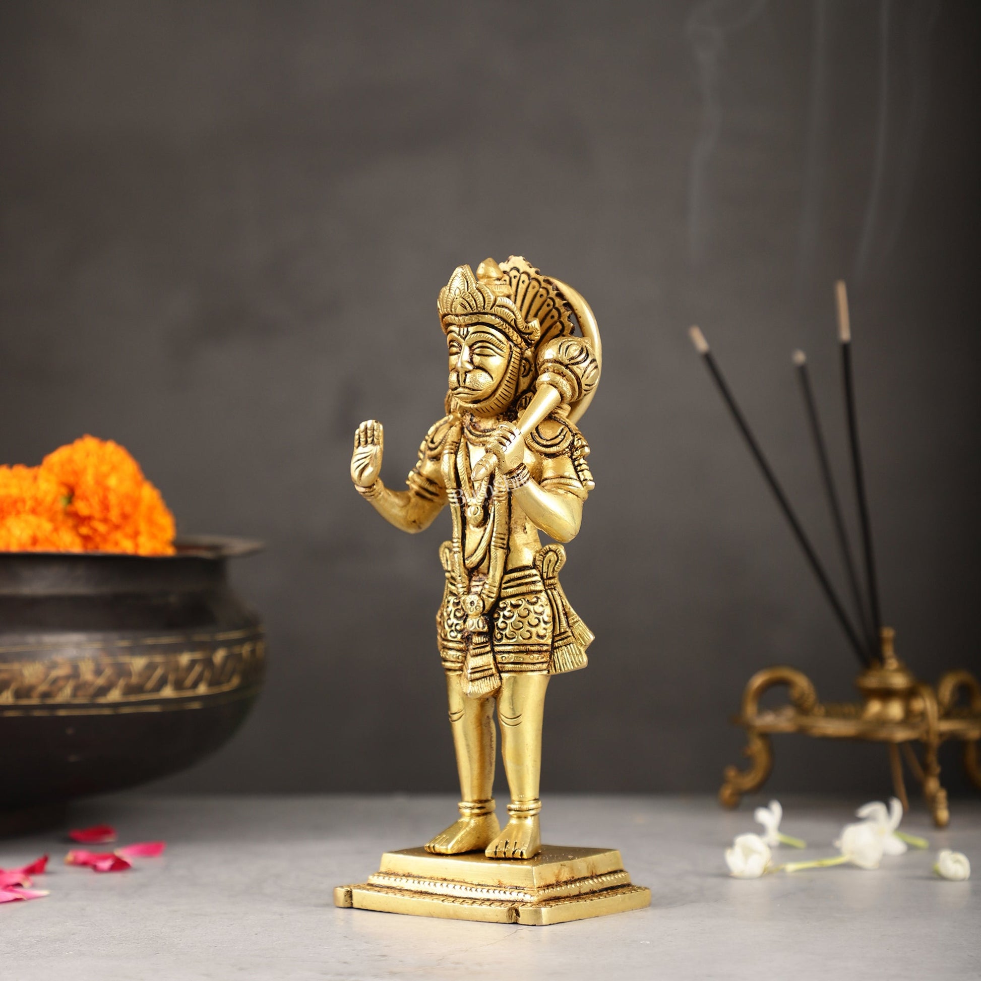 Superfine Brass Standing Hanuman Idol - 8.5 inch - Budhshiv.com