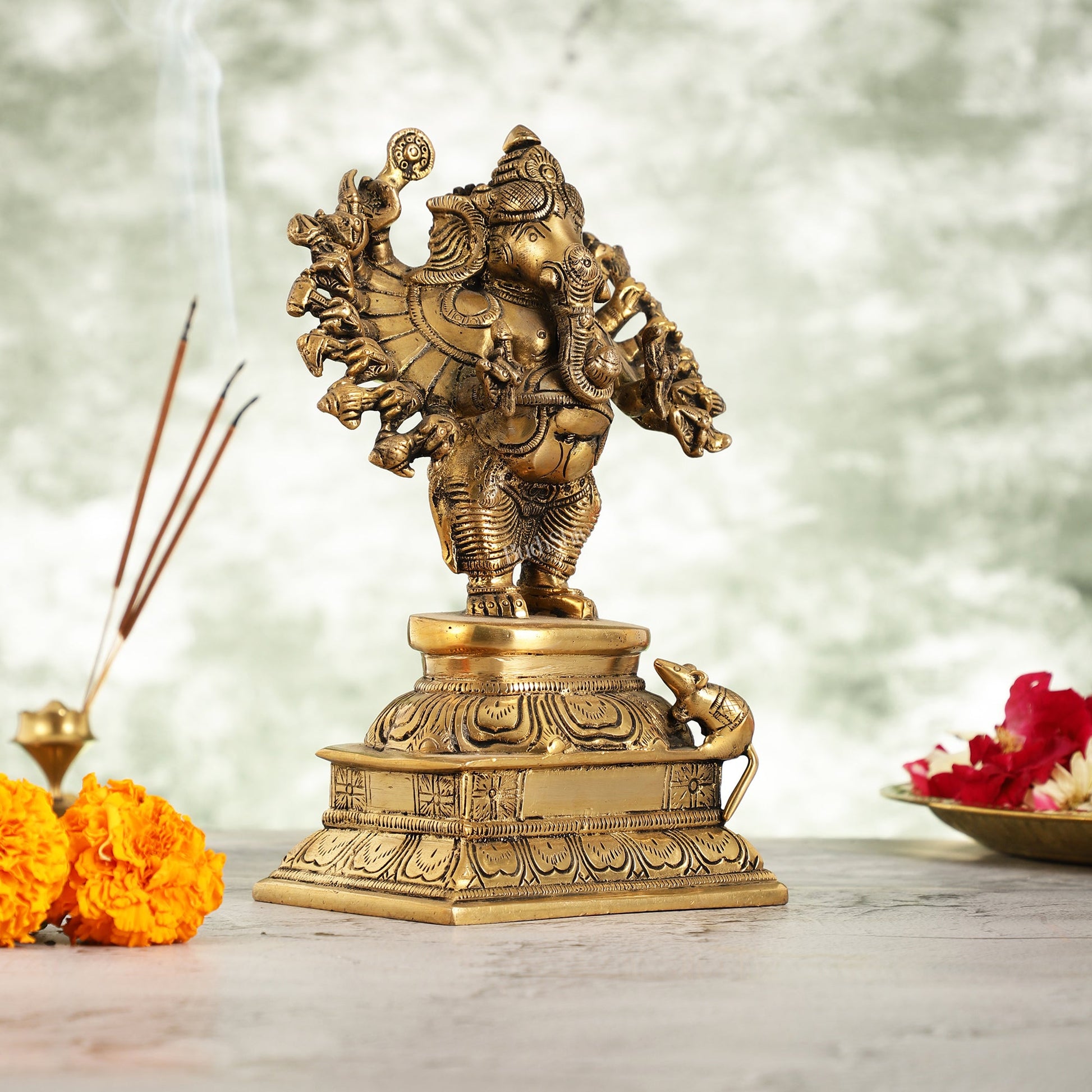 Superfine Brass Standing Lord Ganesha Idol with 16 Arms - 8.5 Inch - Budhshiv.com