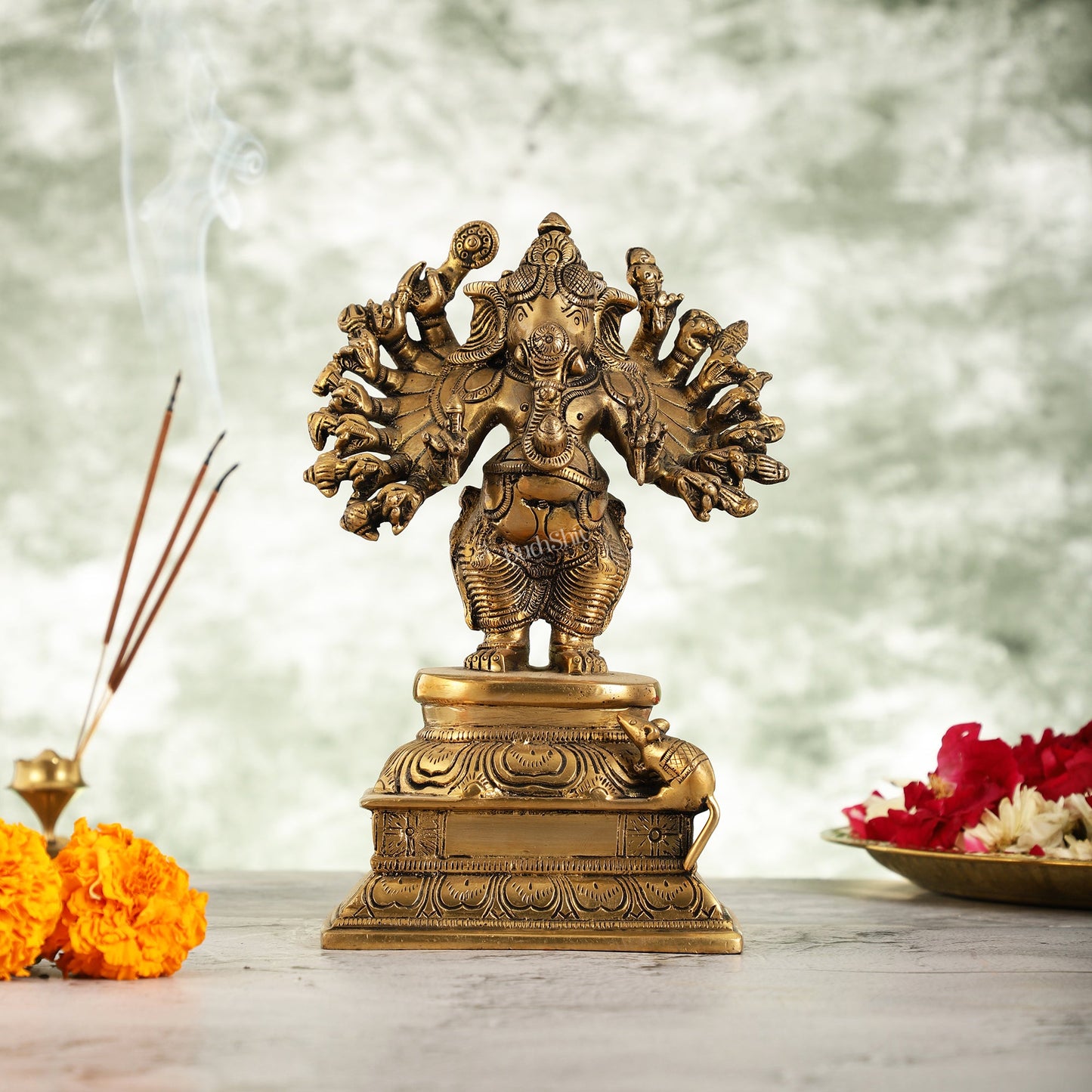 Superfine Brass Standing Lord Ganesha Idol with 16 Arms - 8.5 Inch - Budhshiv.com