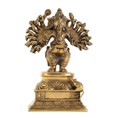 Superfine Brass Standing Lord Ganesha Idol with 16 Arms - 8.5 Inch - Budhshiv.com