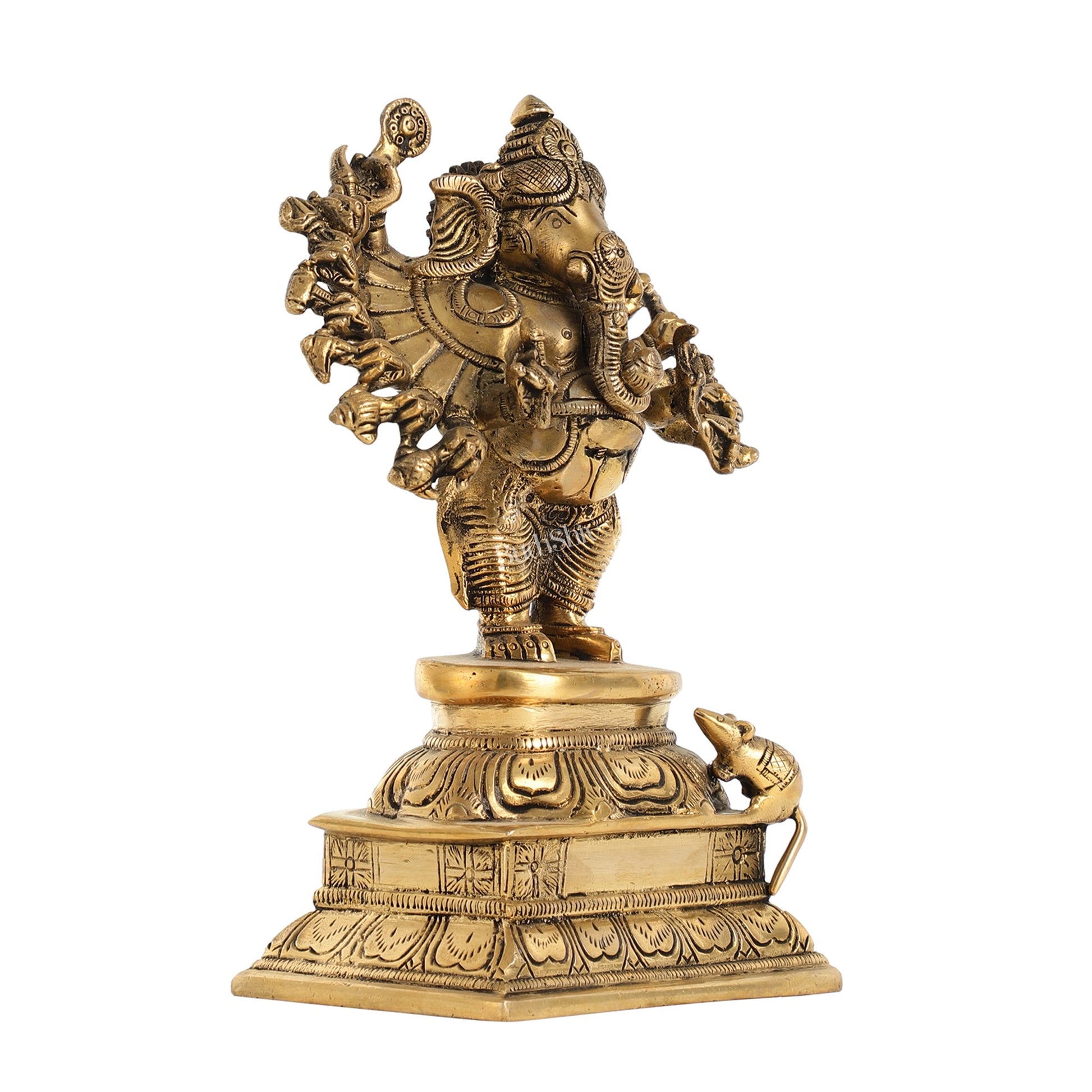 Superfine Brass Standing Lord Ganesha Idol with 16 Arms - 8.5 Inch - Budhshiv.com