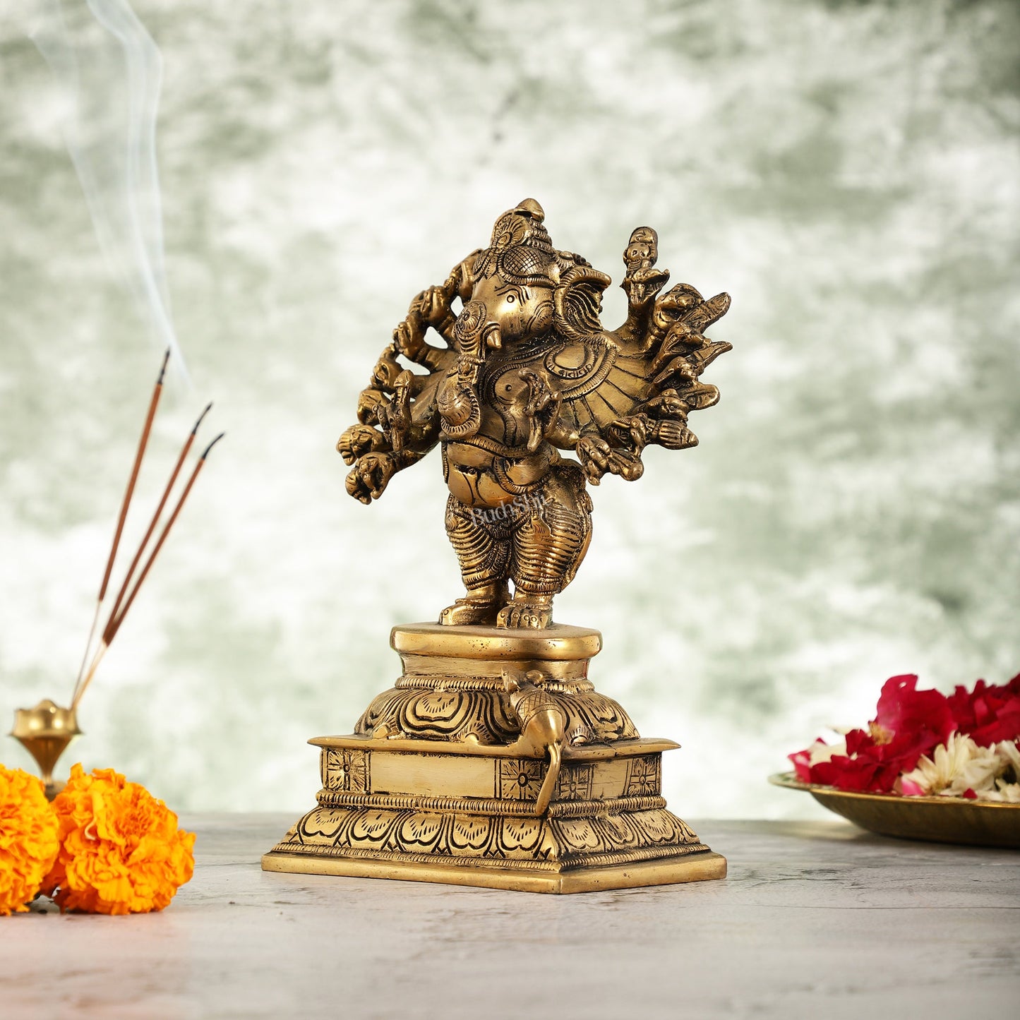 Superfine Brass Standing Lord Ganesha Idol with 16 Arms - 8.5 Inch - Budhshiv.com