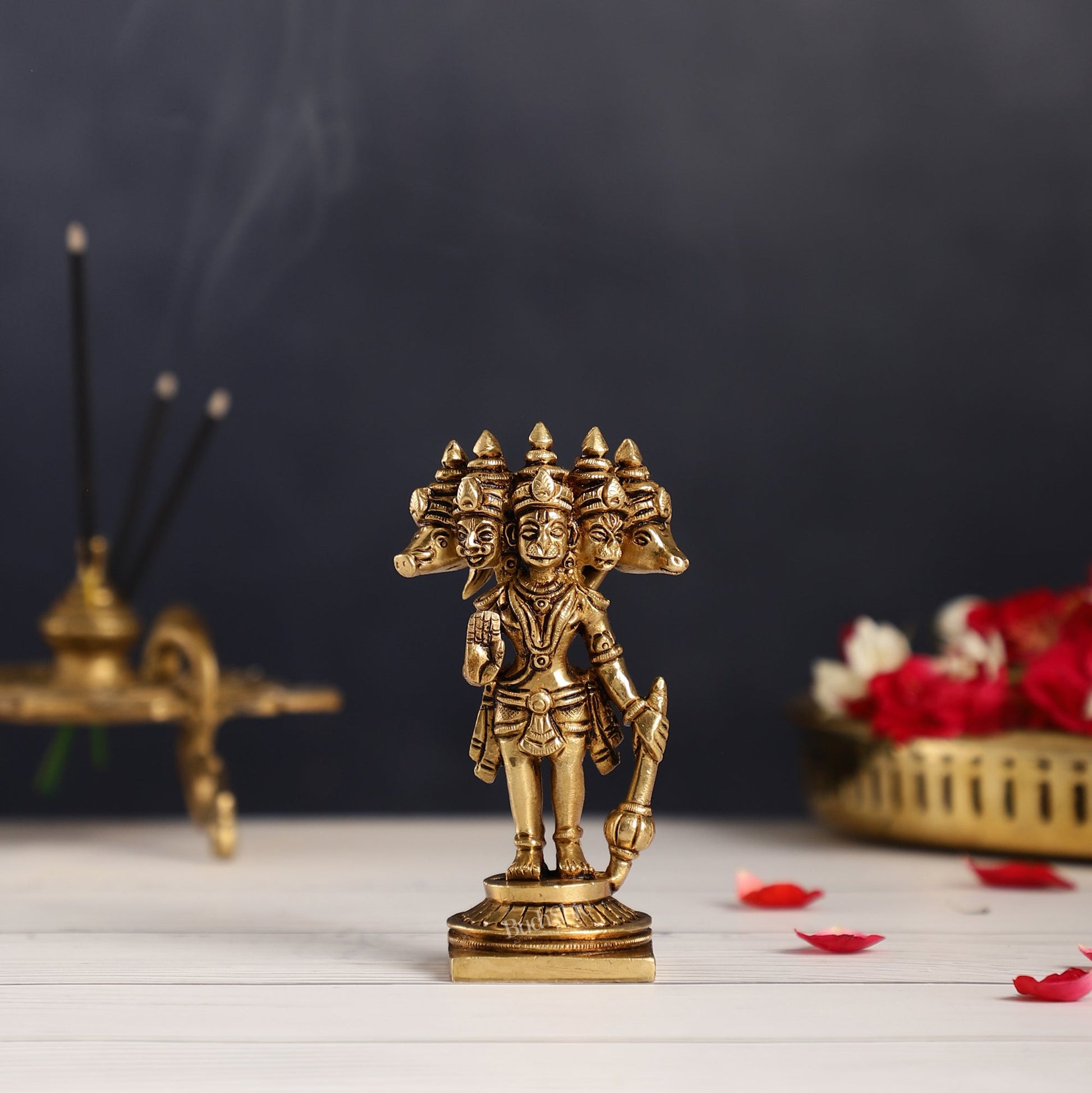 Superfine Brass Standing Panchmukhi Hanuman Murti | Height 5.5 inch - Budhshiv.com