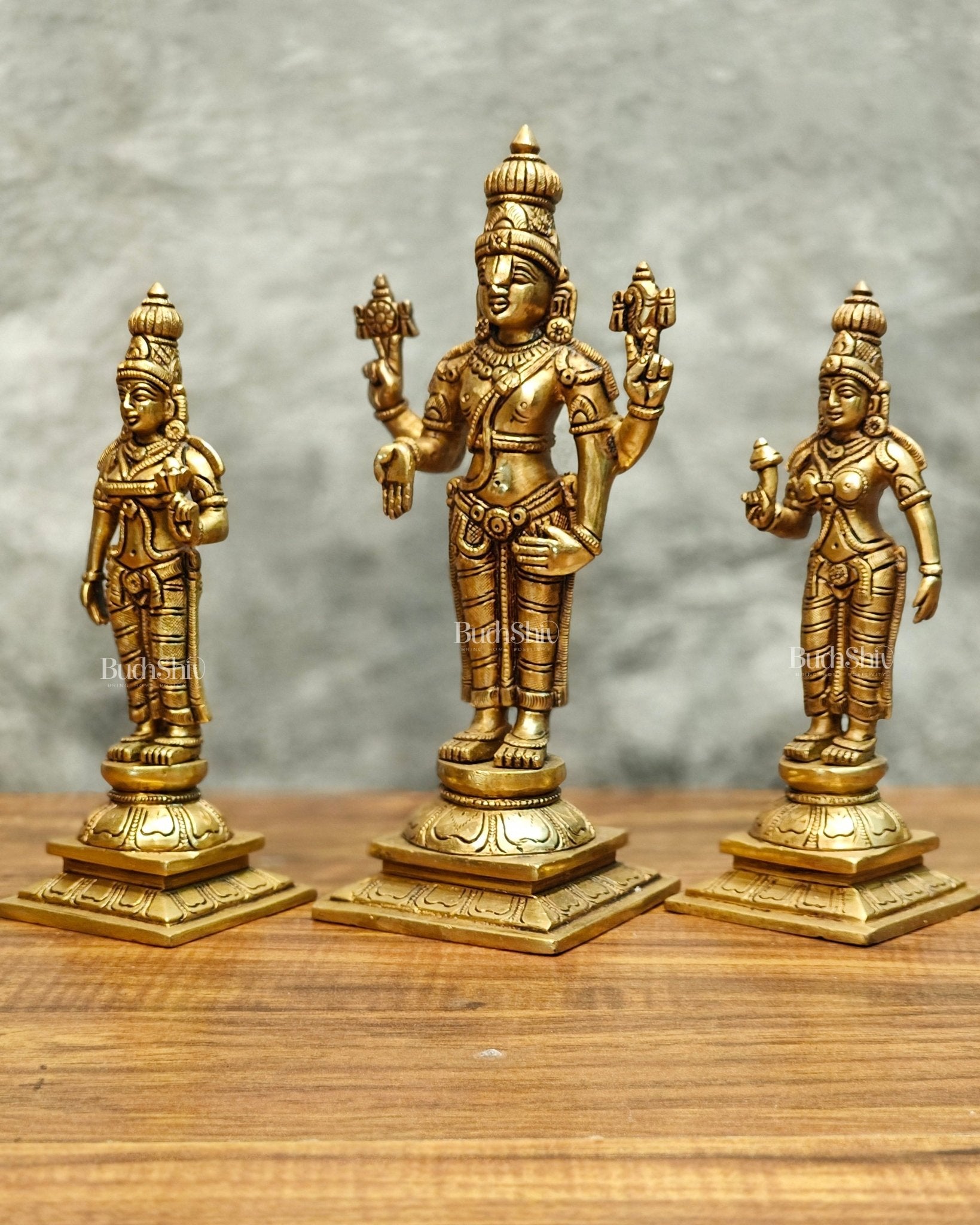 Superfine Brass Tirupati Balaji with Bhudevi and Sridevi Set - 9.5 inch - Budhshiv.com