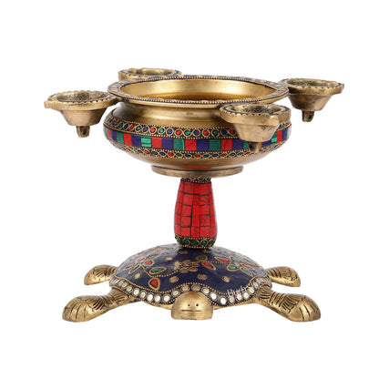 Superfine Brass Tortoise Urli with Diyas 7.5 inch - Budhshiv.com