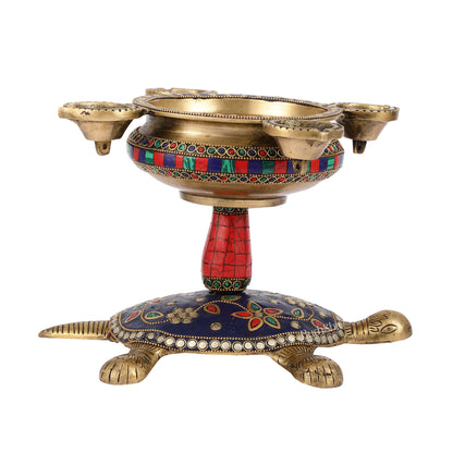 Superfine Brass Tortoise Urli with Diyas 7.5 inch - Budhshiv.com