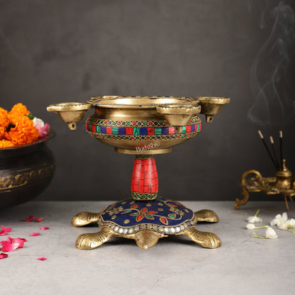 Superfine Brass Tortoise Urli with Diyas 7.5 inch - Budhshiv.com