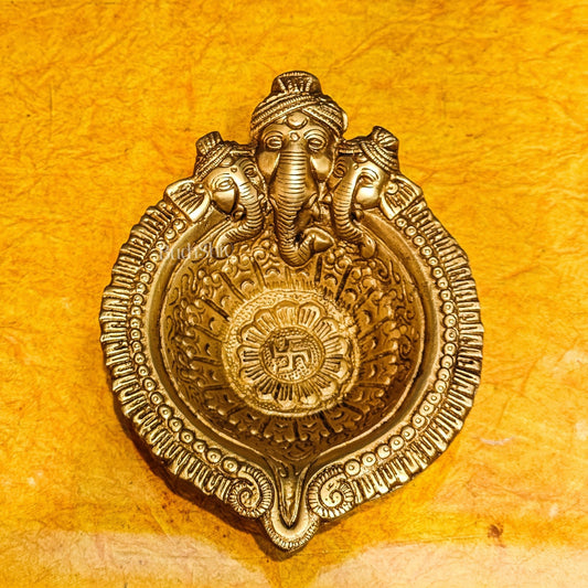 Superfine Brass Trimukh Ganapati Diya with Bowl - Budhshiv.com