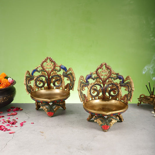 Superfine Brass Urli Lamp with Stonework pair - 9 Inch - Budhshiv.com