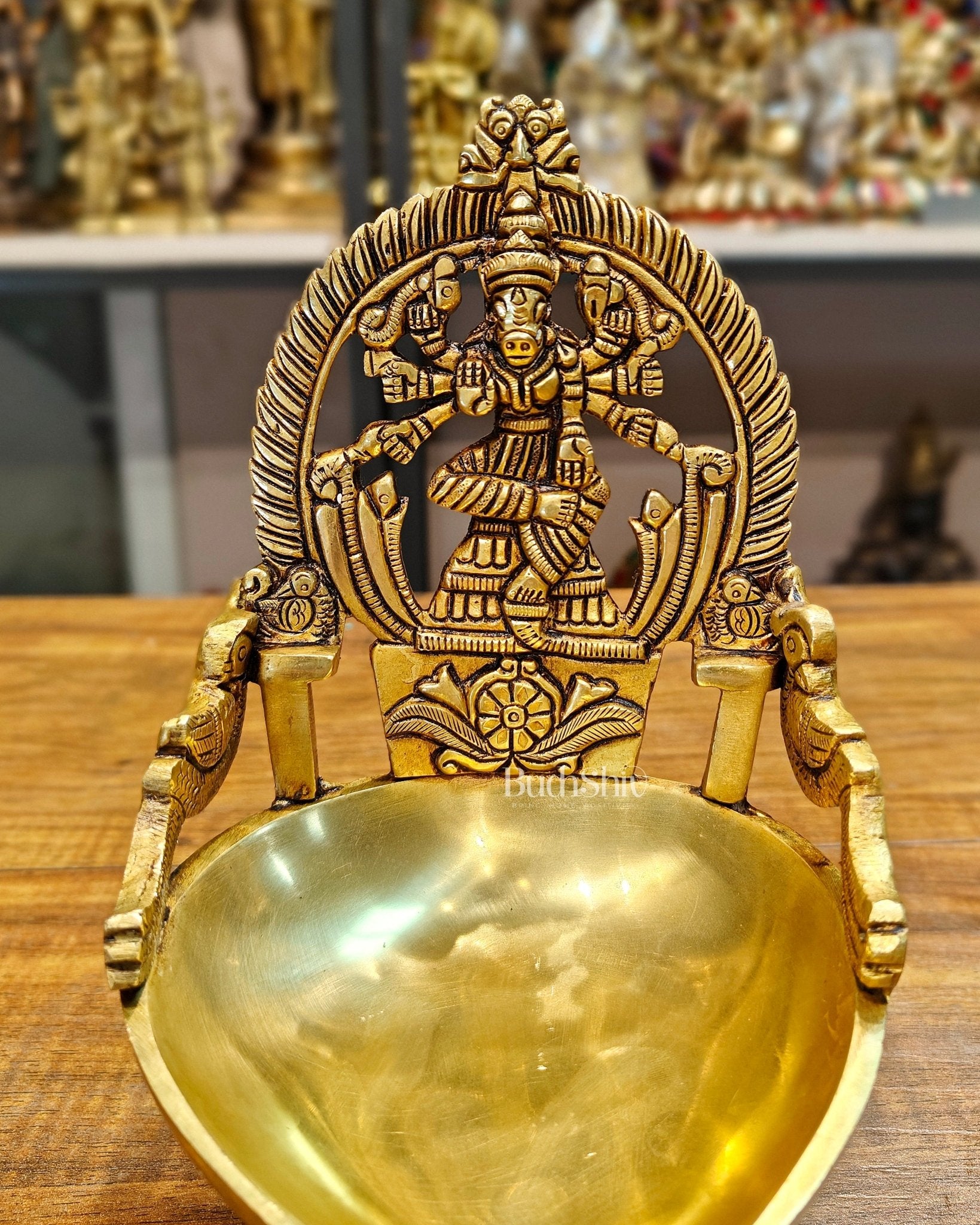 Superfine Brass Varahi Vilakku Oil Lamp Diya 7 inch - Budhshiv.com