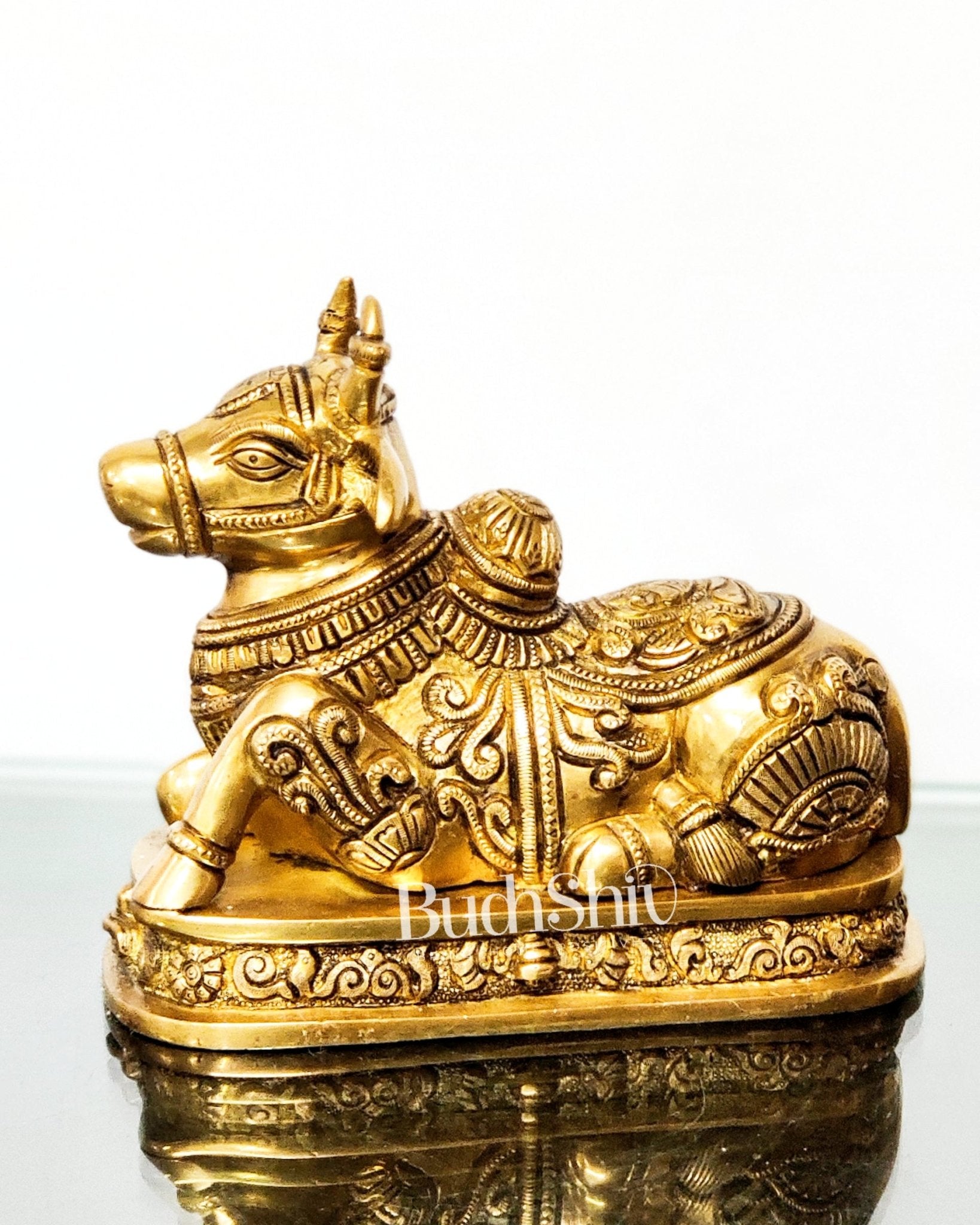 Superfine Engraved Brass Nandi - 5.5" - Budhshiv.com