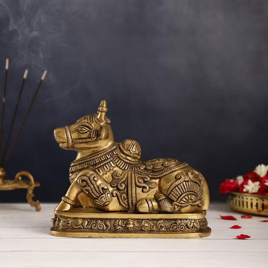 Superfine Engraved Brass Nandi idol - 6.5" Height - Budhshiv.com