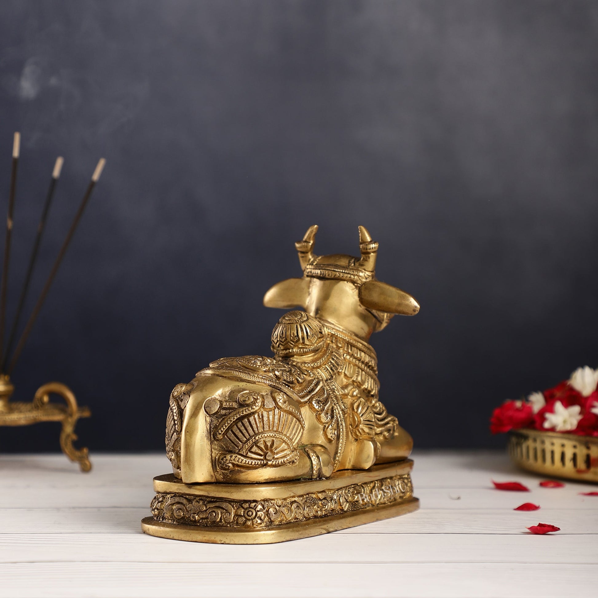 Superfine Engraved Brass Nandi idol - 6.5" Height - Budhshiv.com